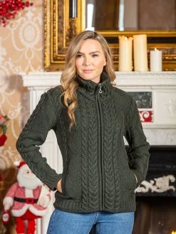 Ladies Aran Turtleneck Zip Cardigan - Army Green