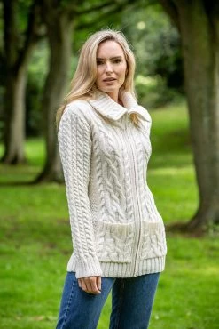 Full Zip Fitted Aran Cardigan With Large Collar