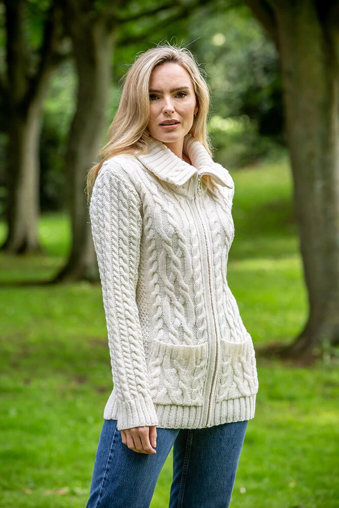 Full Zip Fitted Aran Cardigan With Large Collar