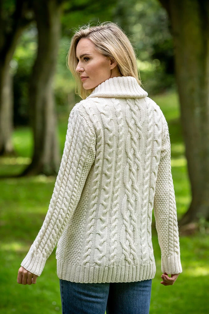 Full Zip Fitted Aran Cardigan With Large Collar - Image 4