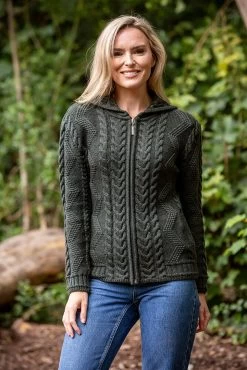 Ladies Aran Hooded Cardigan With Cladagh Zip