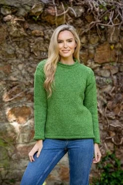 Extra Fine Merino Ladies Roll Neck Sweater Green