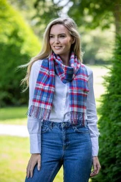 Made In Ireland Extra Fine Merino Wool Scarf Blue, Red Tartan
