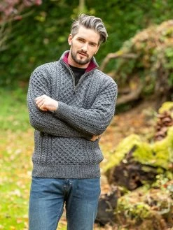 Aran Half Zip Sweater - 2507 Slate With Wine Collar