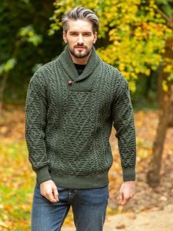 Aran Shawl Neck Sweater Army Green