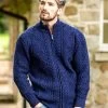 Mens Fisherman Full Zip Cardigan Deep Water Blue