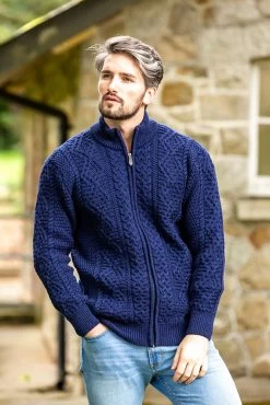 Mens Fisherman Full Zip Cardigan Deep Water Blue