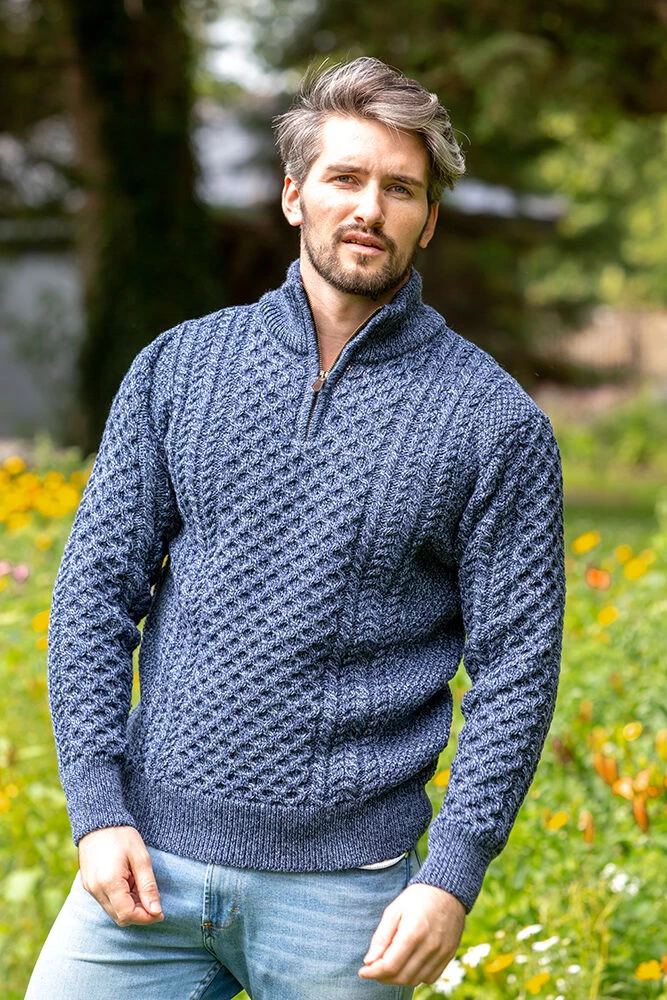 Mens Aran Half Zip Neck Sweater Denim Marl - Image 2