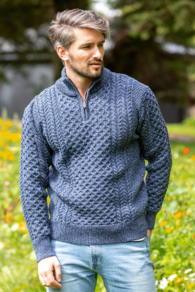 Mens Aran Half Zip Neck Sweater Denim Marl - Image 3