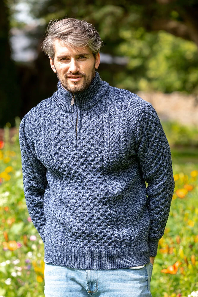 Mens Aran Half Zip Neck Sweater Denim Marl - Image 4