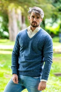 Men's Ink Blue Lambswool V-Neck Sweater
