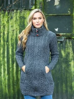 Womens Long Fitted Aran Coat - Slate