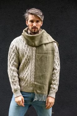 Men's Wool And Cashmere Moss Green Herringbone Scarf