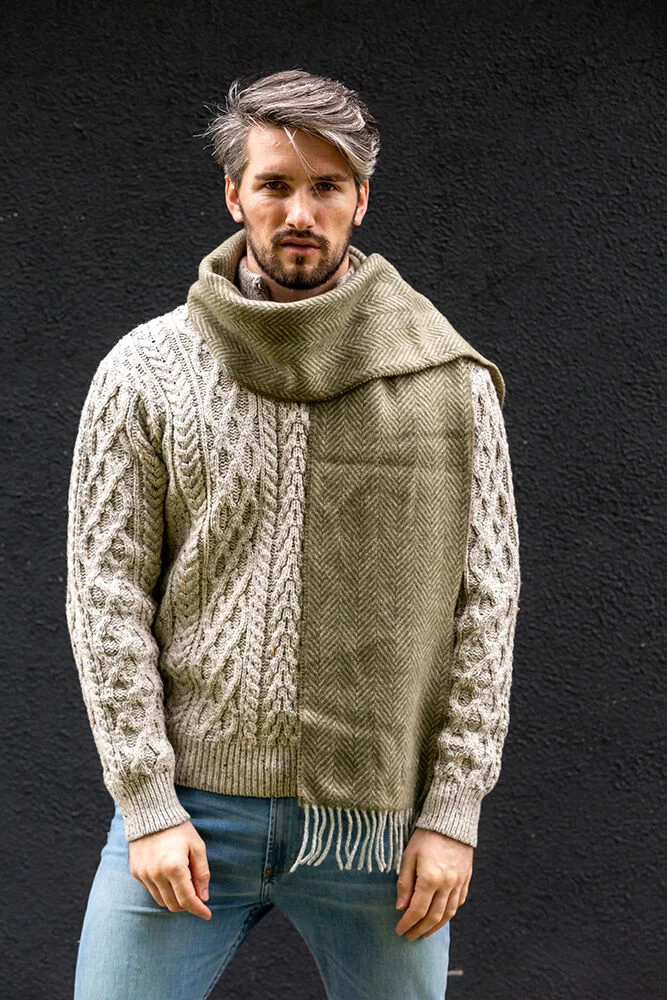 Men's Wool And Cashmere Moss Green Herringbone Scarf