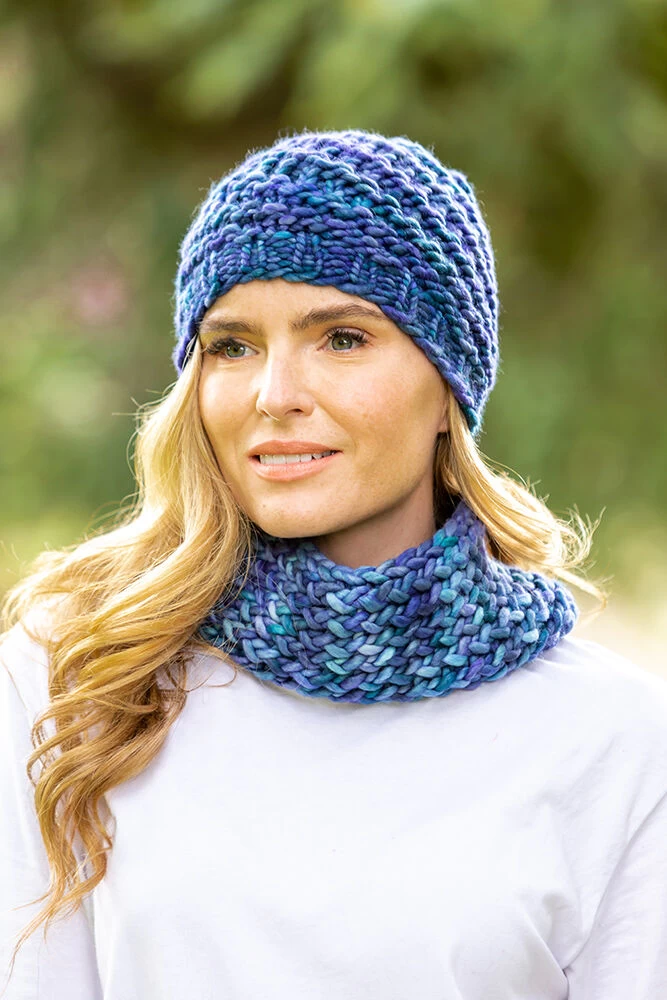 Super Soft Handmade In Ireland Snood And Spiral Hat Set - Blue Mix