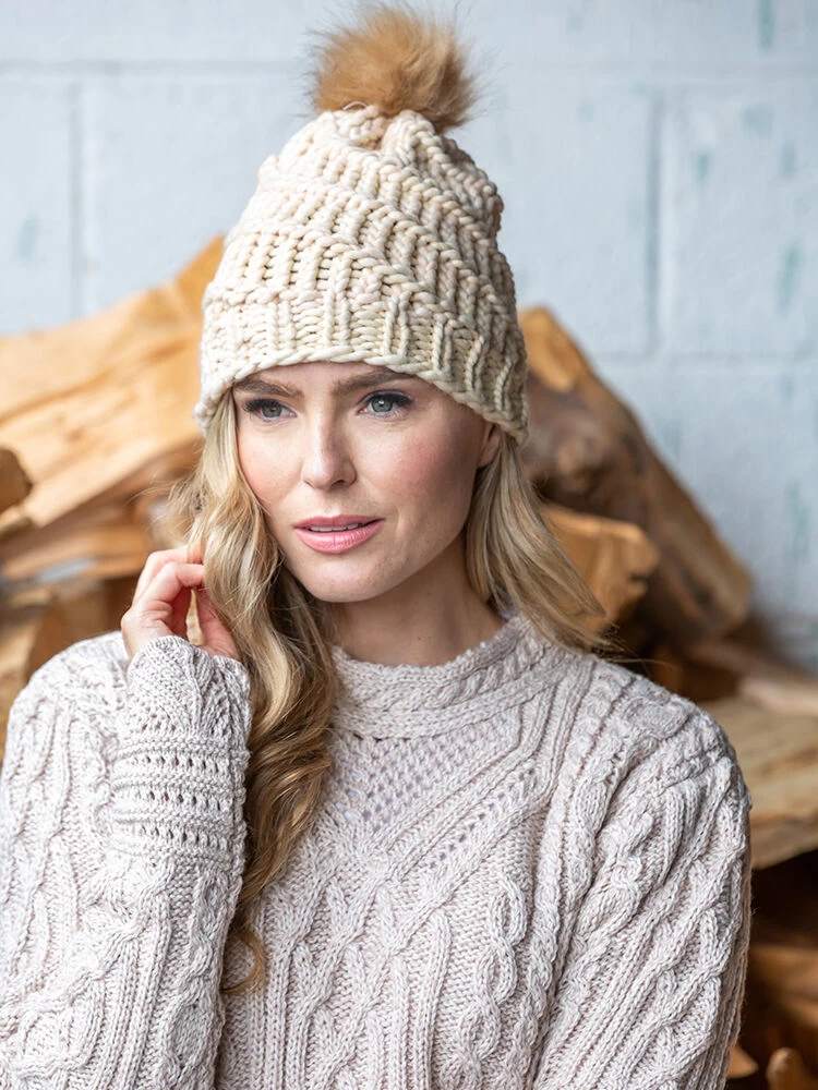 Handmade In Ireland - Super Soft Hat With Pom Pom - Natural - Image 2