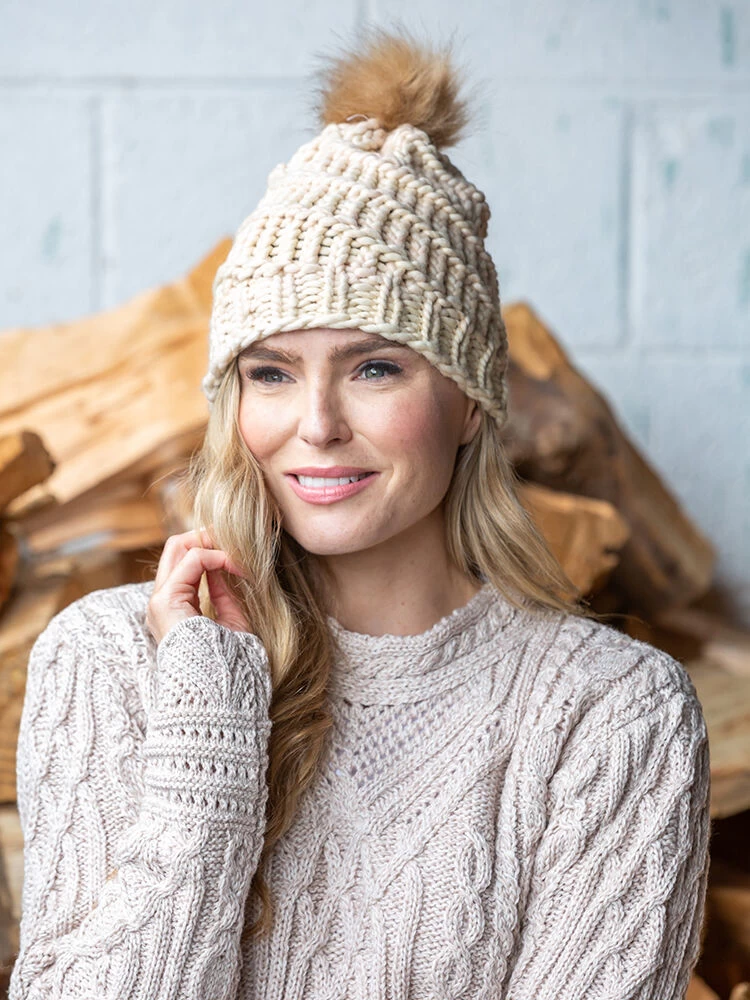 Handmade In Ireland - Super Soft Hat With Pom Pom - Natural - Image 3