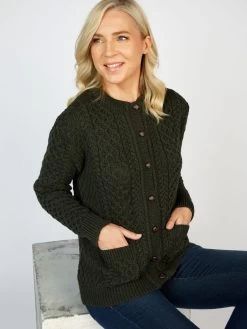 Irish Aran Cardigan Army Green