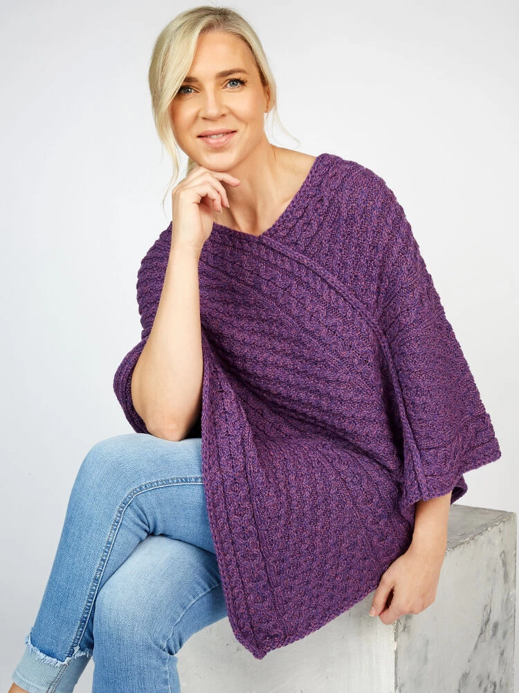 Merino Wool V Neck Poncho - Pink Mix - Image 2