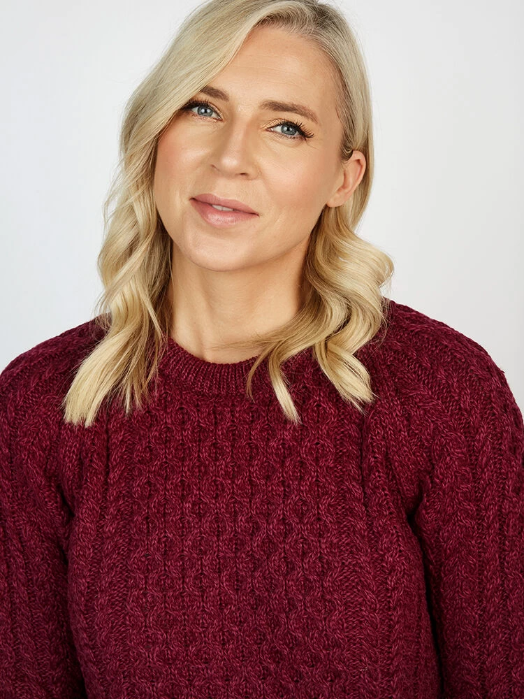 Ladies Aran Sweater Raspberry - Image 3