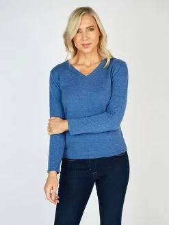 Extra Fine Merino Wool & Cashmere V Neck Sweater Denim