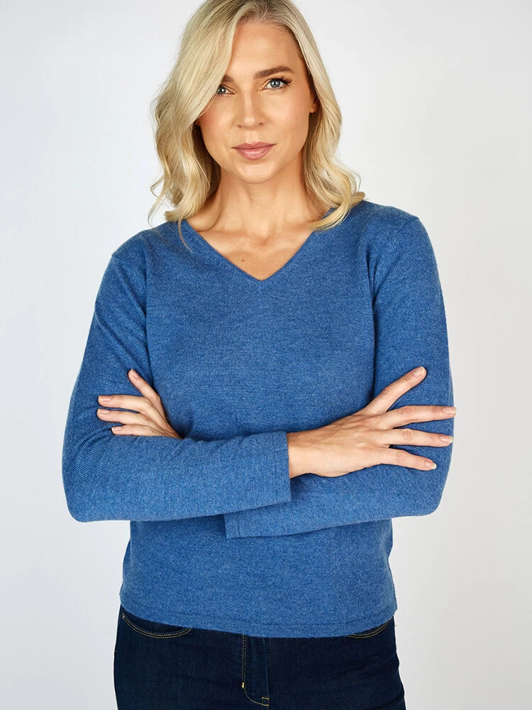 Extra Fine Merino Wool & Cashmere V Neck Sweater Denim - Image 2