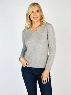 Extra Fine Merino Wool & Cashmere V Neck Sweater Silver Grey