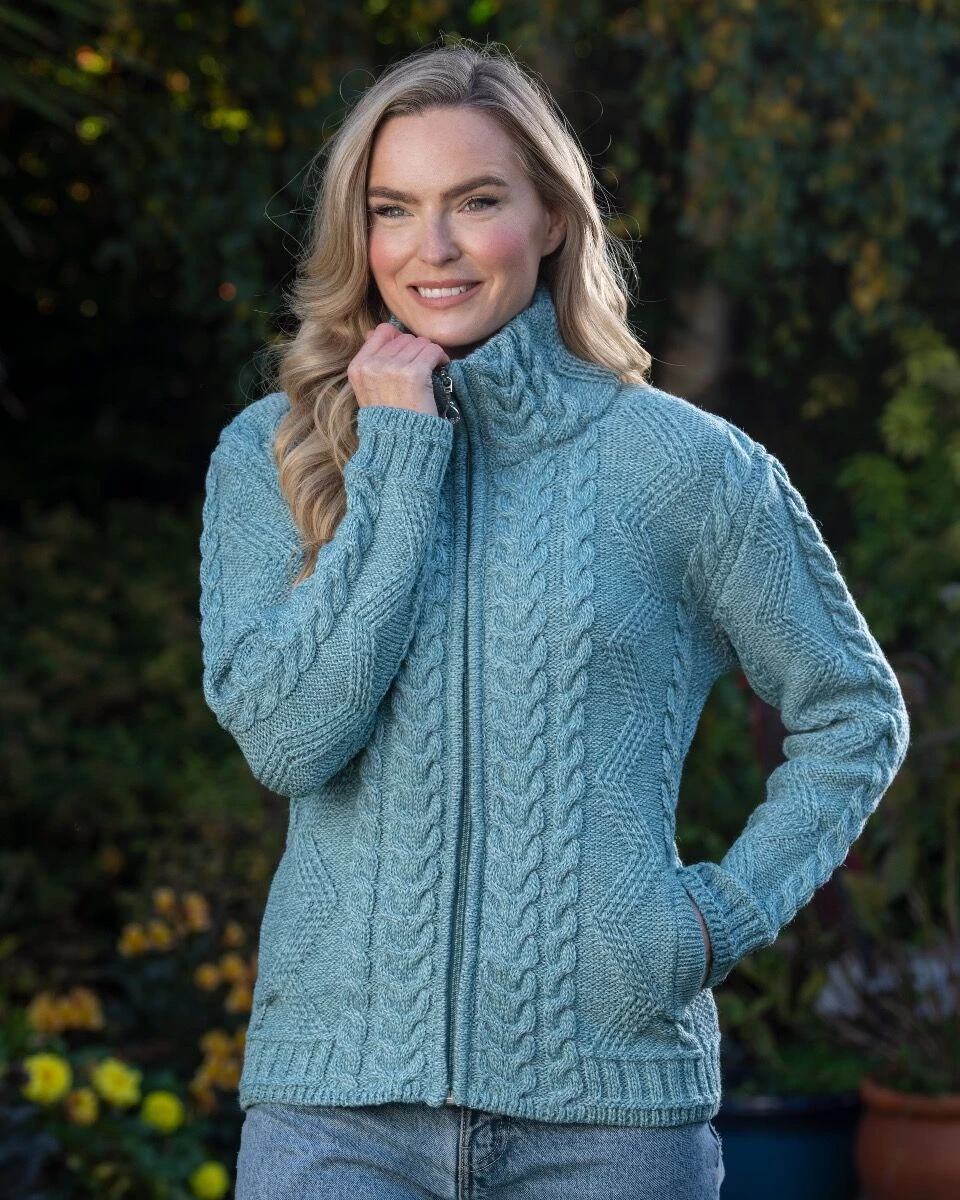 Ladies Aran Turtleneck Zip Aqua