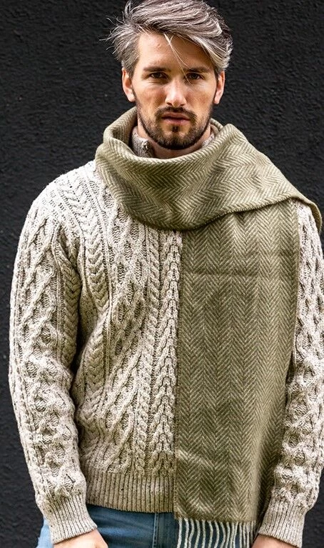 Men's Wool And Cashmere Moss Green Herringbone Scarf - Image 3