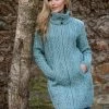 Womens Long Fitted Aran Coat - Aqua