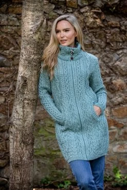 Womens Long Fitted Aran Coat - Aqua