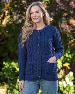 Irish Aran Cardigan Deep Water Blue