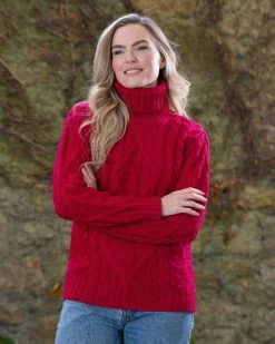 Womens Turtleneck Sweater Merino Wool Red
