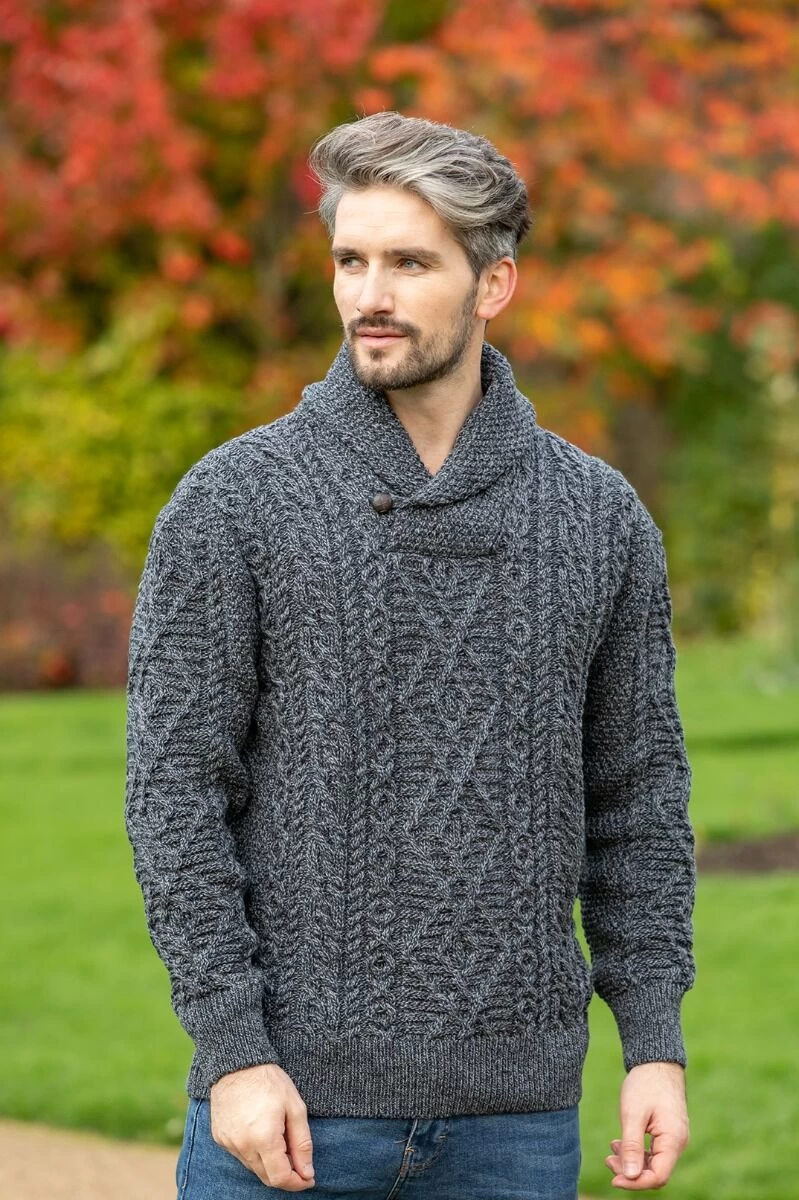 Shawl Neck Aran Sweater Slate - Image 4