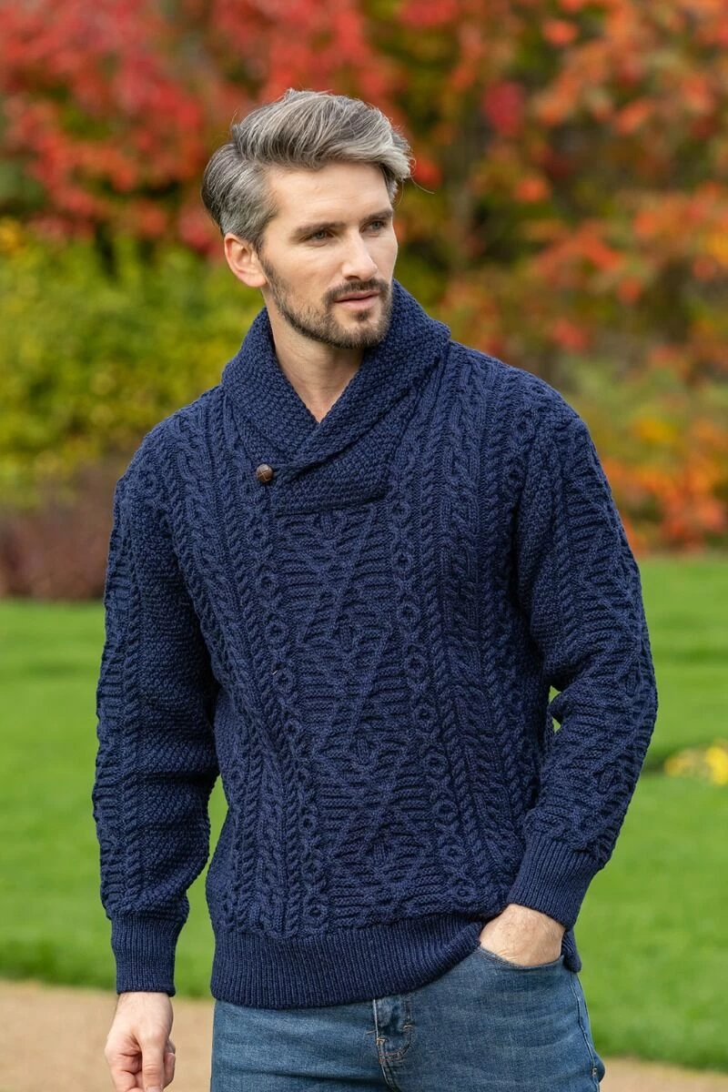 Aran Shawl Neck Sweater Deep Water Blue - Image 2