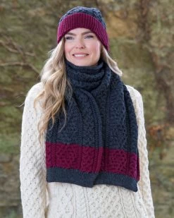 Hat And Scarf Set - 100% Merino Wool - ONE SIZE - Charcoal / Burgundy
