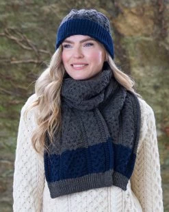 Hat And Scarf Set - 100% Merino Wool - ONE SIZE - Forest Green / Navy