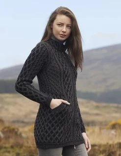 Cable Knit Sweater Coat Charcoal