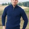 Mens Aran Half Zip Neck Sweater Deep Water Blue