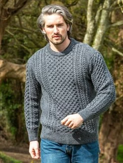 Mens Fisherman Merino Wool Sweater Slate