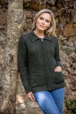 Aran Cardigan Full Zip Army Green