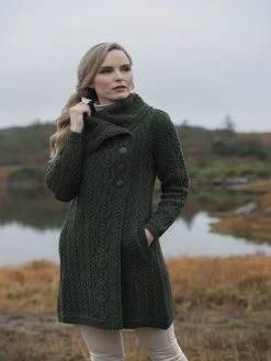 Womens Long Coat With Chunky Collar Green