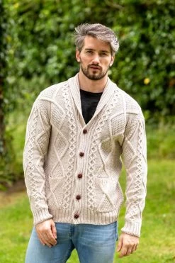 Mens V Neck Cable Knit Cardigan Parsnip
