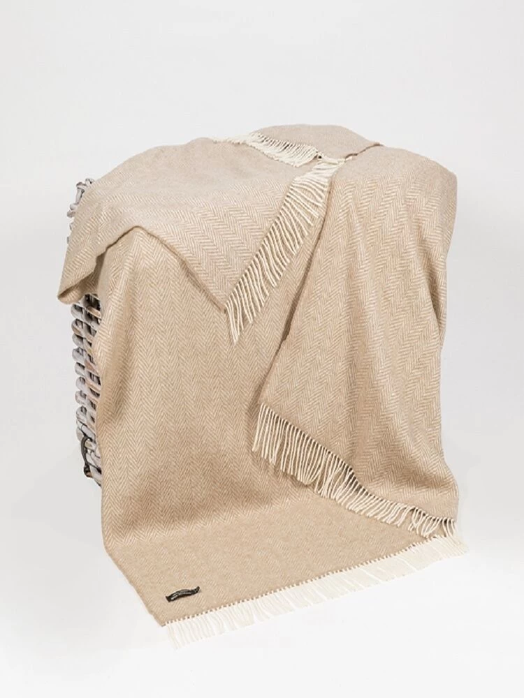 Wool And Cashmere Beige Herringbone Throw Col: 1475