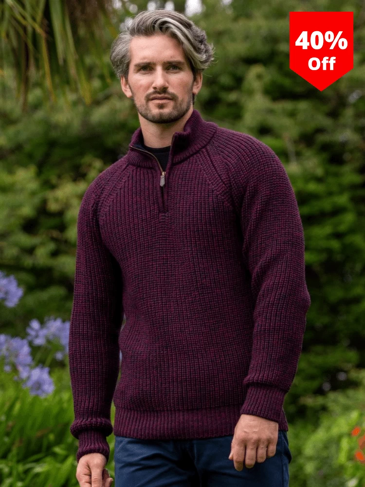 Men's Half Zip Ribbed Sweater Berry - Image 3