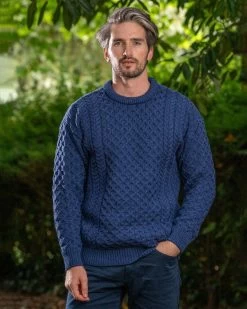 Unisex Merino Wool Aran Sweater Denim Blue