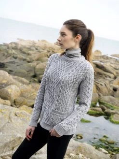 Aran Cable Sweater With Pockets Soft Grey