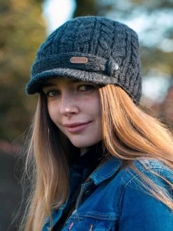 Aran Cable Peak Hat Lined Charcoal