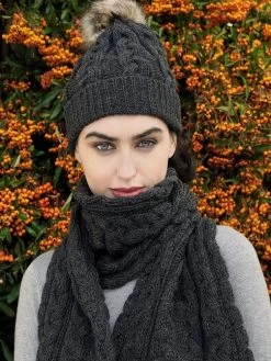 Aran Cable Knit Hat Pom Pom Charcoal