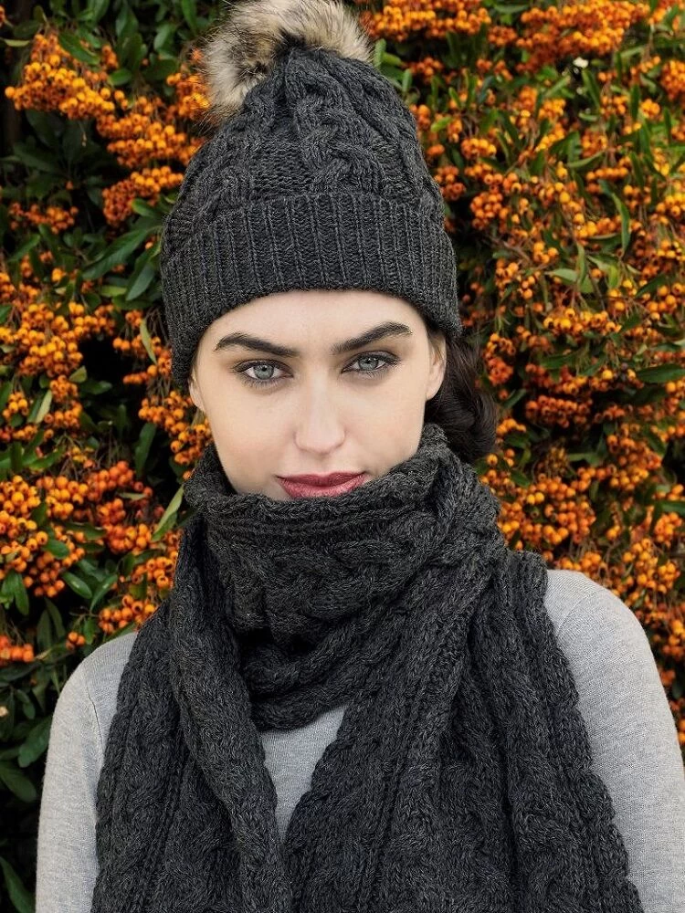 Aran Cable Knit Hat Pom Pom Charcoal